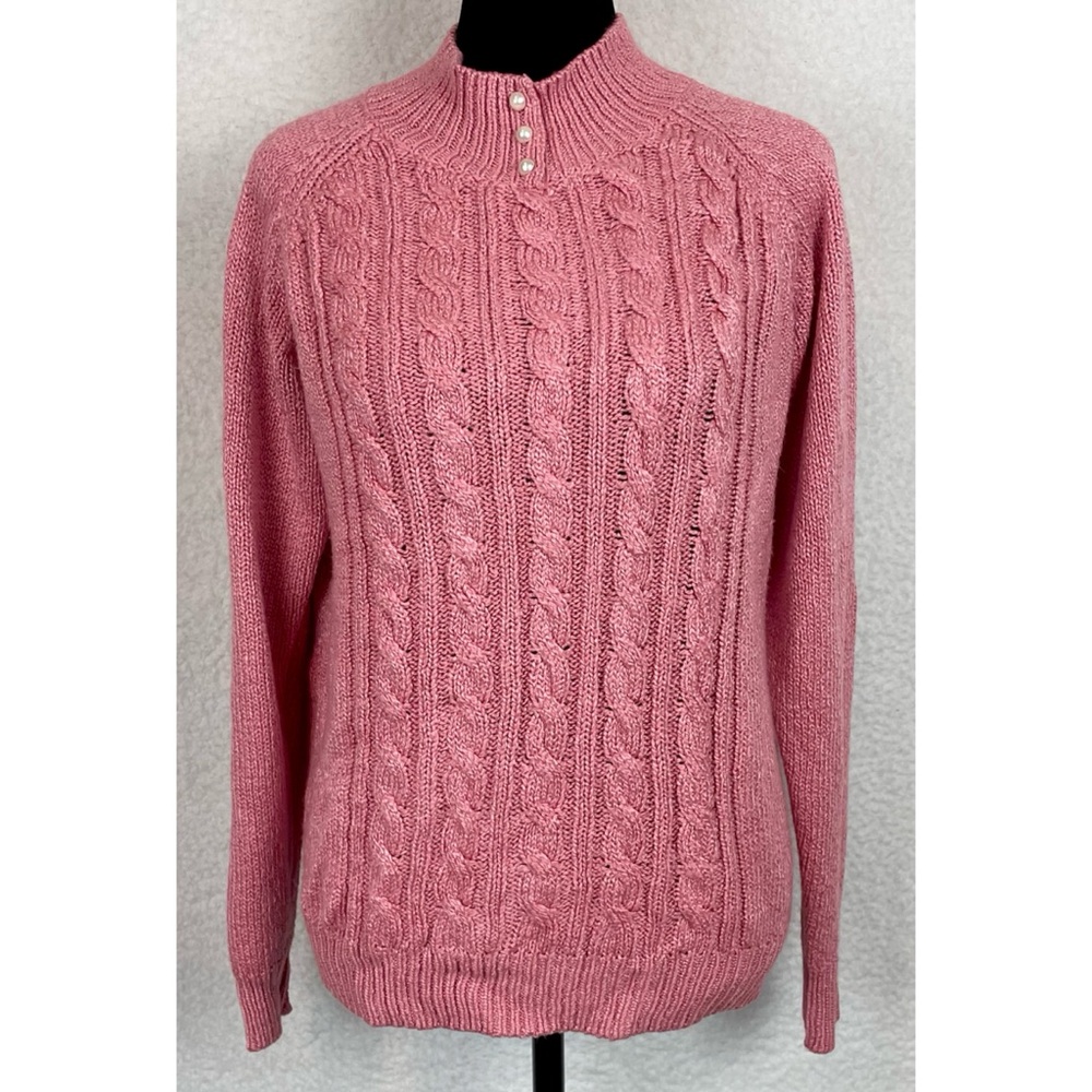 KAREN SCOTT • Dusty Pink Cable Knit Faux Pearl Button Mock-neck Sweater, S - Picture 10 of 16